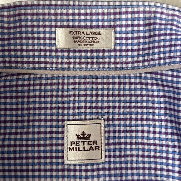 Peter Millar Mens Button Down Cotton Shirt Long Sleeve Checkered Blue/Purple XL - Picture 6 of 11